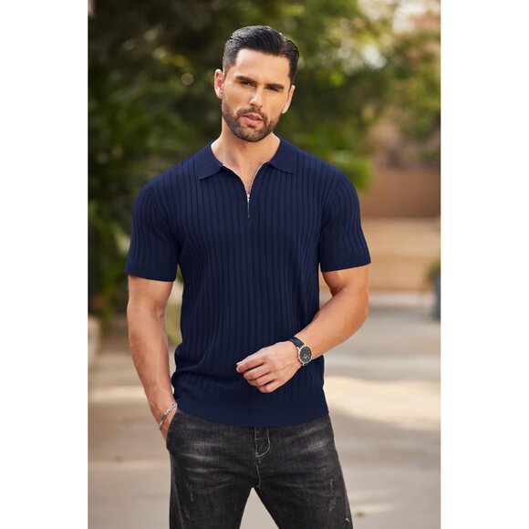 Men's Zipper Polo Shirts Short Sleeve Ribbed Knit Polo T Shirts Navy Blue - Picture 3 of 7